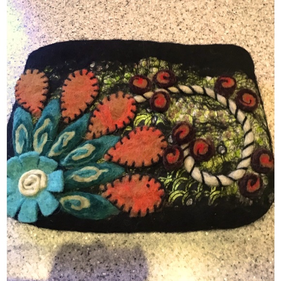 Rising Tide Wool Zip Pouch Clutch Accessory Bag Handmade Floral - Picture 4 of 8